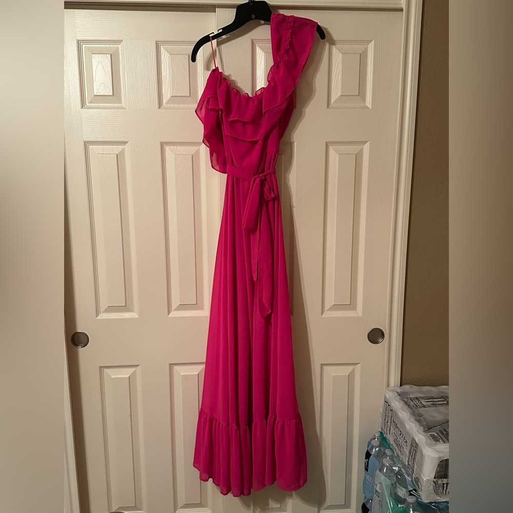 Women's Fuchsia Ruffled Maxi Dress - Elegant One-Shoulder Style
